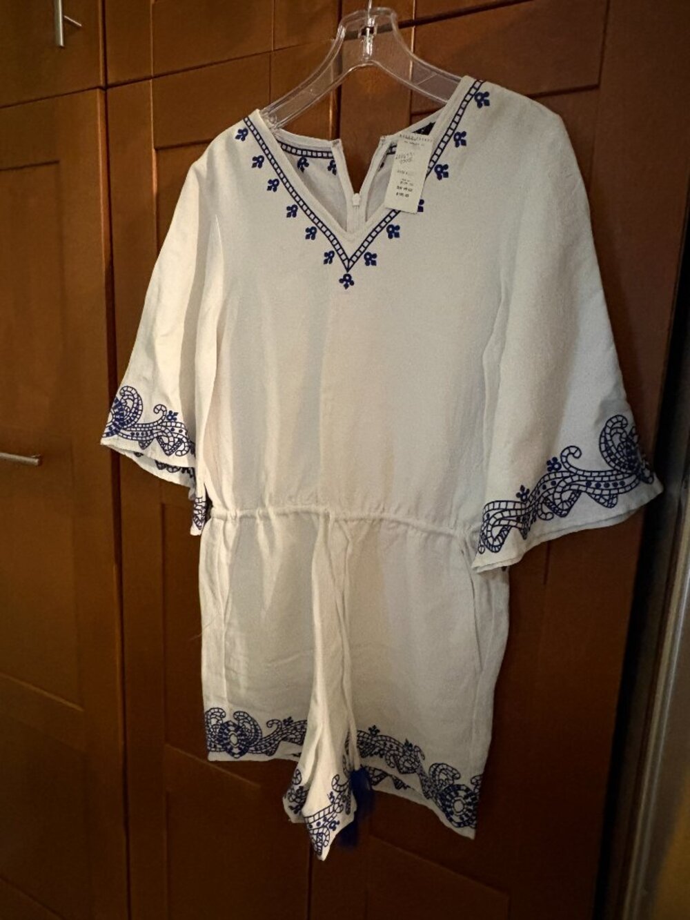 Lauren Ralph Lauren White and Blue Linen Drawstring Romper.